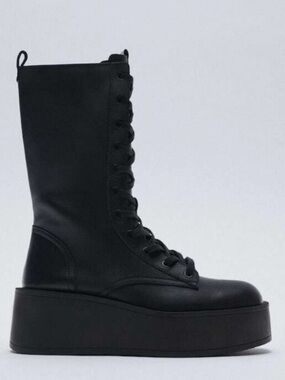 Zara Black Leather Platform Lace-Up Combat Boots Size 38